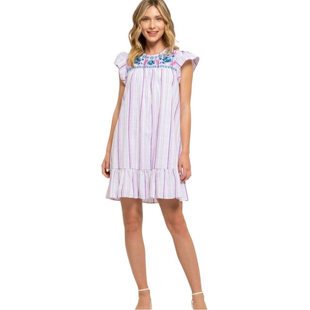 August Sky NWOT Floral Embroidered Striped Dress Small